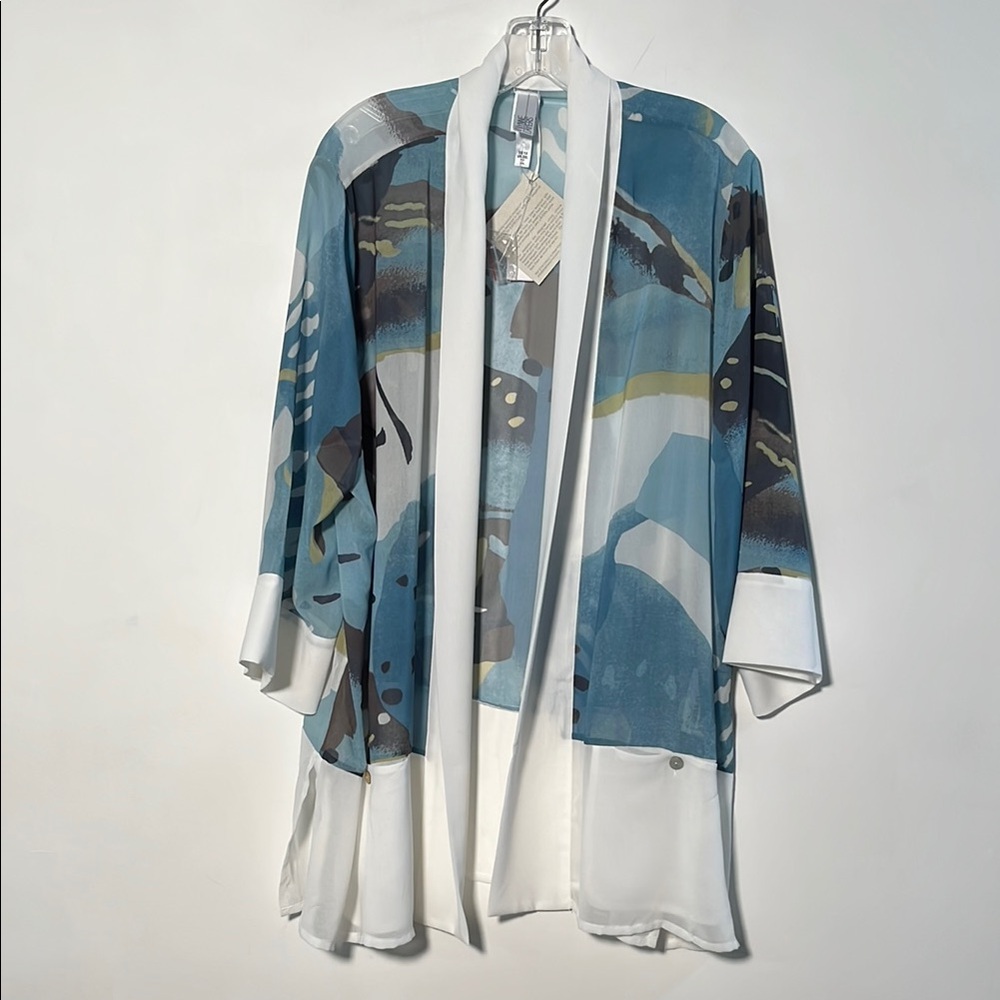WYNNE LAYERS NWT Cruise Party Open Front 2 Pocket Border Blue Abstract Kimono 2X